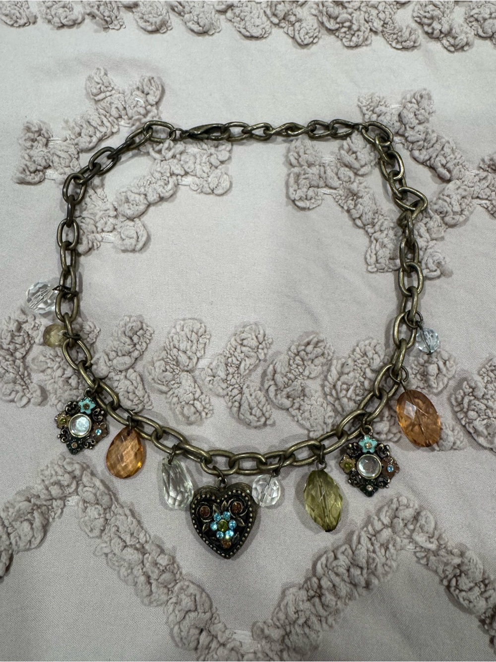 Vintage-Inspired Heart Charm Crystal Necklace with Locket - Multicolor